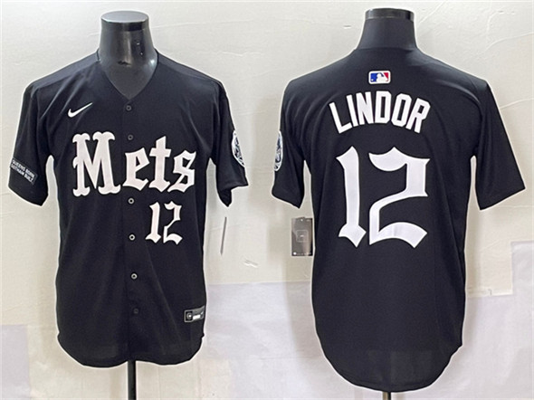New York Mets #12 Francisco Lindor Black 'Gotham Gothic Edition' Vapor Premier Limited Stitched Baseball Jersey