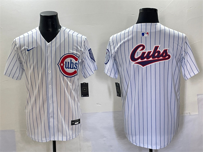 Chicago Cubs Team Big Logo White Pinstripe 2nd Alternate Limited Stitched Baseball Jersey