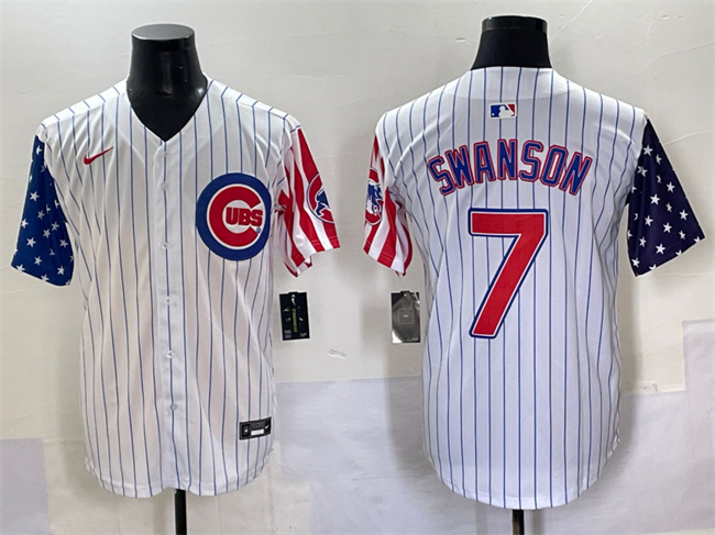 Chicago Cubs #7 Dansby Swanson White Pinstripe 2025 Independence Day Vapor Premier Limited Stitched Baseball Jersey