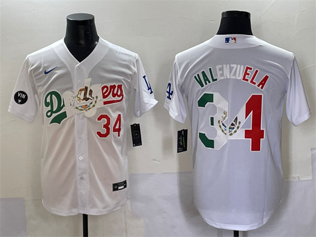 Los Angeles Dodgers #34 Fernando Valenzuela White Mexico Special Vin Scully Patch Stitched Baseball Jersey