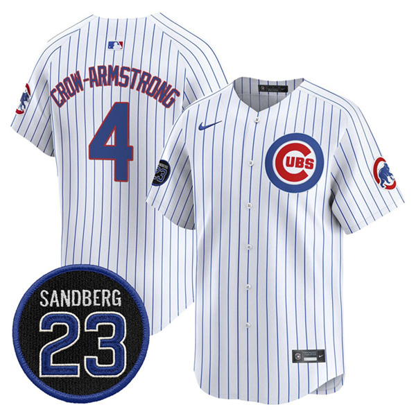 Chicago Cubs #4 Pete Crow-Armstrong White Pinstripe 'Ryne Sandberg Tribute' Vapor Limited V2 Stitched Baseball Jersey