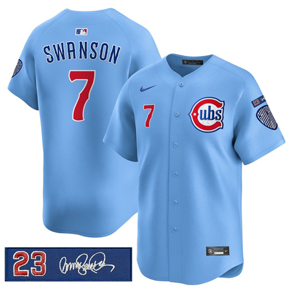 Chicago Cubs #7 Dansby Swanson Blue 'Ryne Sandberg Tribute' Vapor Limited V3 Stitched Baseball Jersey