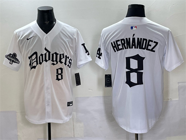 Los Angeles Dodgers #8 Enrique Hern??ndez White 2025 LA Gothic Style With 2024 World Series Champions Patch Vapor Premier Limited Stitched Baseball Jersey