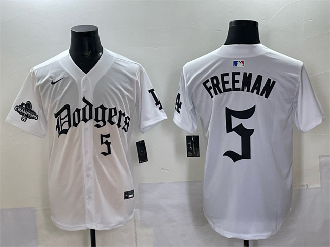 Los Angeles Dodgers #5 Freddie Freeman White 2025 LA Gothic Style With 2024 World Series Champions Patch Vapor Premier Limited Stitched Baseball Jersey