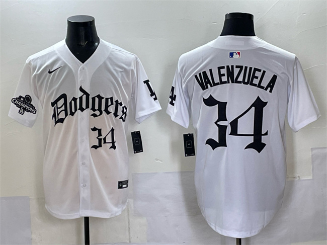 Los Angeles Dodgers #34 Fernando Valenzuela White 2025 LA Gothic Style With 2024 World Series Champions Patch Vapor Premier Limited Stitched Baseball Jersey