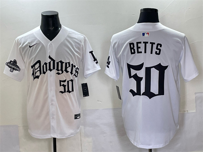 Los Angeles Dodgers #50 Mookie Betts White 2025 LA Gothic Style With 2024 World Series Champions Patch Vapor Premier Limited Stitched Baseball Jersey