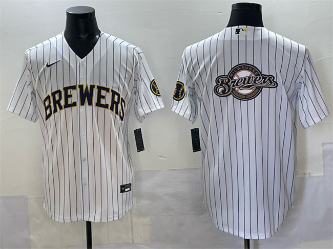 Milwaukee Brewers Team Big Logo White Pinstripe 2025 With Patch Stitched Baseball Jersey