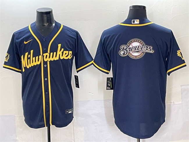 Milwaukee Brewers Team Big Logo Navy 2025 With Patch Stitched Baseball Jersey