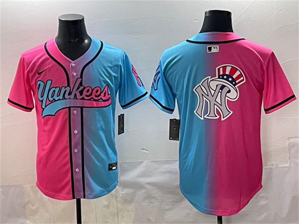 New York Yankees Team Big Logo Pink Blue Limited Stitched Baseball Jersey