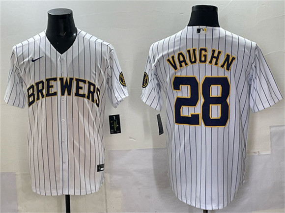 Milwaukee Brewers #28 Andrew Vaughn White Pinstripe 2025 With Patch Stitched Baseball Jersey