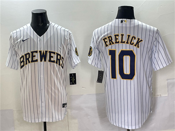 Milwaukee Brewers #10 Sal Frelick White Pinstripe 2025 With Patch Stitched Baseball Jersey