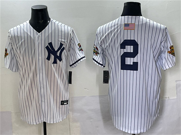 New York Yankees #2 Derek Jeter White Strip World Series Limited Stitched Baseball Jersey