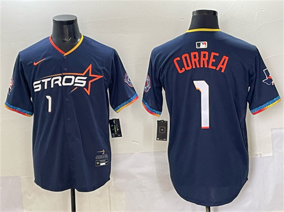 Houston Astros #1 Carlos Correa Navy 2025 City Connect With Texas Patch Limited Stitched Baseball Jersey