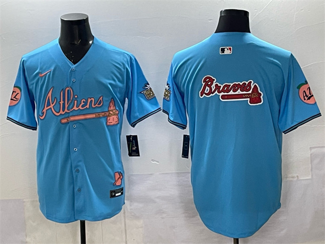 Atlanta Braves Team Big Logo Blue 2024 Atliens & Peach With Outkast Patch Vapor Limited Stitched Baseball Jersey