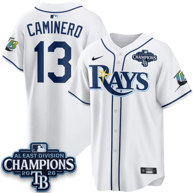 Tampa Bay Rays #13 Junior Caminero White 2026 AL East Champions Patch Limited Stitched Baseball Jersey