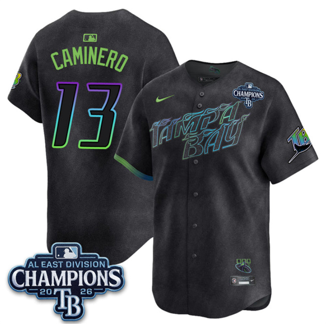 Tampa Bay Rays #13 Junior Caminero Charcoal 2026 AL East Champions Patch City Connect Limited Stitched Baseball Jersey