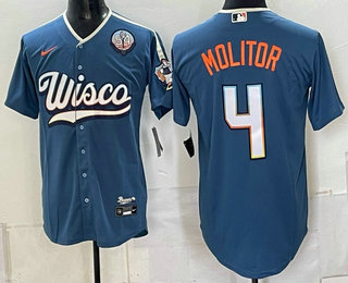 Milwaukee Brewers #4 Paul Molitor Blue With 54 Seasons Patch 2026 City Connect Stadium Jersey Milwaukee Brewers #4 Paul Molitor Blue With 54 Seasons Patch 2026 City Connect Stadium Jersey