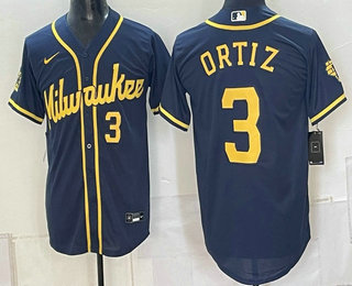 Milwaukee Brewers #3 Joey Ortiz Navy Cool Base Stitched Jersey