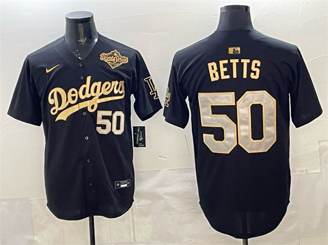 Los Angeles Dodgers #50 Mookie Betts Black Gold 2025 World Series Patch Limited Stitched Baseball Jersey