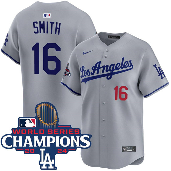 Los Angeles Dodgers #16 Will Smith Gray 2024 World Series Champions Patch Limited Stitched Baseball Jersey