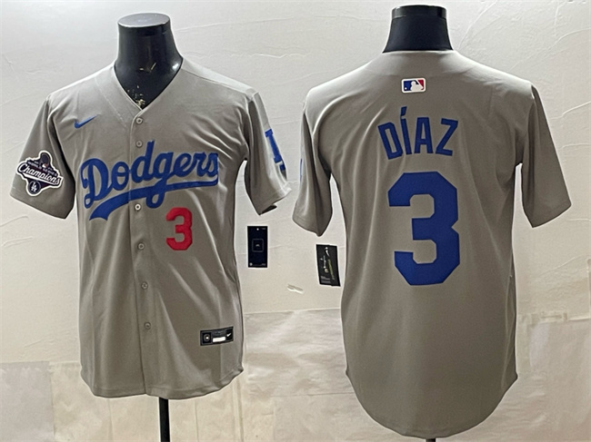 Los Angeles Dodgers #3 Edwin D??az Grey With 2025 World Series Champions Patch Limited Stitched Baseball Jersey