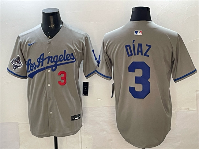 Los Angeles Dodgers #3 Edwin D??az Grey With 2025 World Series Champions Patch Limited Stitched Baseball Jersey
