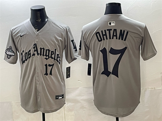 Los Angeles Dodgers #17 Shohei Ohtani Grey LA Gothic Style With 2025 World Series Champions Patch Limited Stitched Baseball Jersey