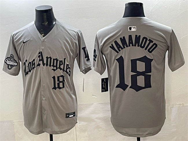Los Angeles Dodgers #18 Yoshinobu Yamamoto Grey LA Gothic Style With 2025 World Series Champions Patch Limited Stitched Baseball Jersey Los Angeles Dodgers #18 Yoshinobu Yamamoto Grey LA Gothic Style With 2025 World Series Champions Patch Limited Stitched Baseball Jersey