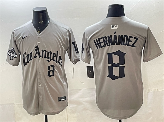Los Angeles Dodgers #8 Enrique Hern??ndez Grey LA Gothic Style With 2025 World Series Champions Patch Limited Stitched Baseball Jersey