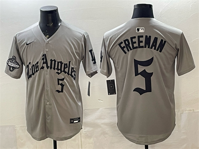 Los Angeles Dodgers #5 Freddie Freeman Grey LA Gothic Style With 2025 World Series Champions Patch Limited Stitched Baseball Jersey