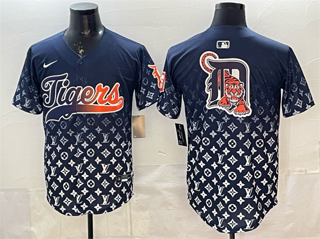 Detroit Tigers Team Big Logo Navy With Patch Vapor Premier Limited Stitched Baseball Jersey