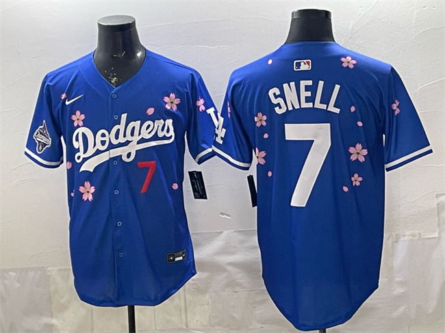 Los Angeles Dodgers #7 Blake Snell Royal 2025 World Series Champions Patch Tokyo Series Limited Stitched Baseball Jersey