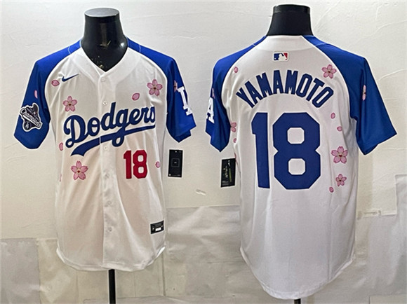 Los Angeles Dodgers #18 Yoshinobu Yamamoto White Royal 2025 World Series Champions Patch Tokyo Series Limited Stitched Baseball Jersey