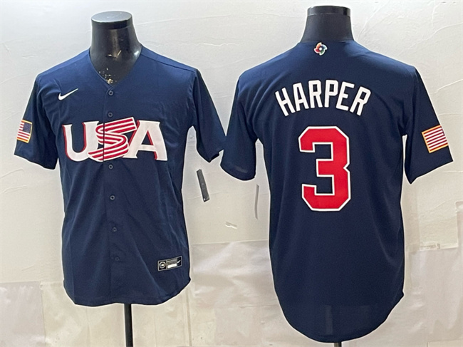 USA Baseball #3 Bryce Harper Navy World Baseball Classic Stitched Jersey USA Baseball #3 Bryce Harper Navy World Baseball Classic Stitched Jersey