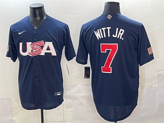 USA Baseball #7 Bobby Witt Jr. Navy World Baseball Classic Stitched Jersey USA Baseball #7 Bobby Witt Jr. Navy World Baseball Classic Stitched Jersey