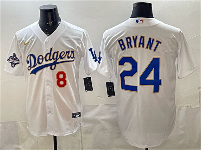 Los Angeles Dodgers Front #8 Back #24 Kobe Bryant White Gold With 2025 World Series Champions Patch Stitched Baseball Jersey Los Angeles Dodgers Front #8 Back #24 Kobe Bryant White Gold With 2025 World Series Champions Patch Stitched Baseball Jersey