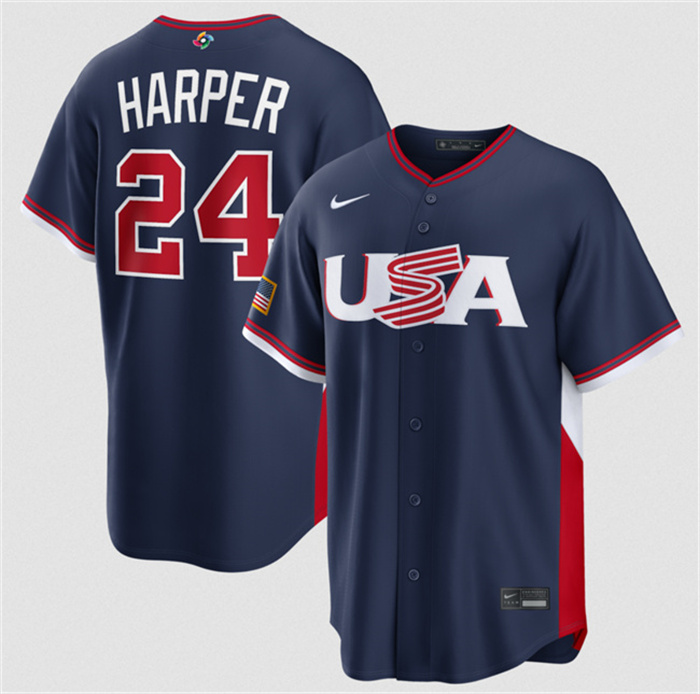 USA Baseball #24 Bryce Harper Navy 2026 World Baseball Classic Road Stadium Stitched Jersey