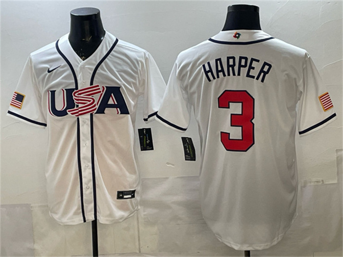 USA Baseball #3 Bryce Harper White 2026 World Baseball Classic Home Stadium Stitched Jersey USA Baseball #3 Bryce Harper White 2026 World Baseball Classic Home Stadium Stitched Jersey