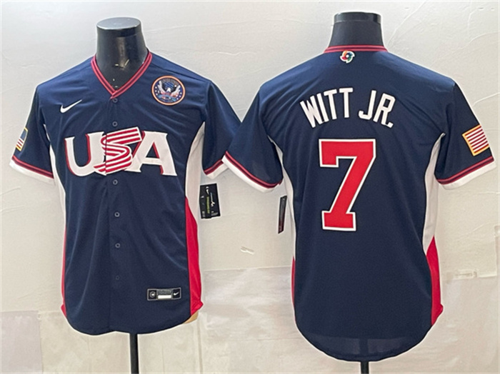 USA Baseball #7 Bobby Witt Jr. Navy 2026 World Baseball Classic United States 250th Anniversary Patch Road Stadium Stitched Jersey USA Baseball #7 Bobby Witt Jr. Navy 2026 World Baseball Classic United States 250th Anniversary Patch Road Stadium Stitched Jersey