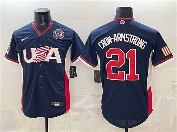 USA Baseball #21 Crow-Armstrong Navy 2026 World Baseball Classic United States 250th Anniversary Patch Road Stadium Stitched Jersey