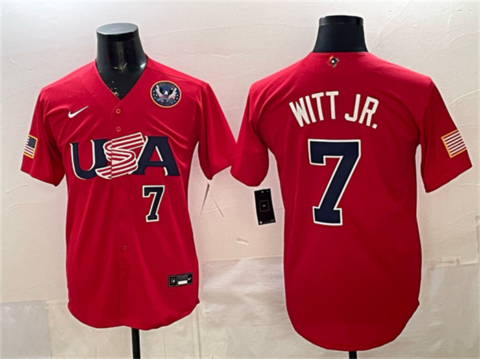 USA Baseball #7 Bobby Witt Jr. Red 2026 World Baseball Classic United States 250th Anniversary Patch Stadium Stitched Jersey USA Baseball #7 Bobby Witt Jr. Red 2026 World Baseball Classic United States 250th Anniversary Patch Stadium Stitched Jersey