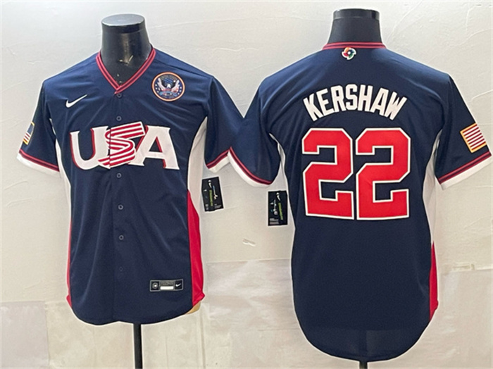 USA Baseball #22 Clayton Kershaw Navy 2026 World Baseball Classic United States 250th Anniversary Patch Road Stadium Stitched Jersey