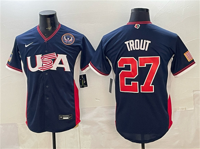 USA Baseball #27 Mike Trout Navy 2026 World Baseball Classic United States 250th Anniversary Patch Road Stadium Stitched Jersey USA Baseball #27 Mike Trout Navy 2026 World Baseball Classic United States 250th Anniversary Patch Road Stadium Stitched Jersey