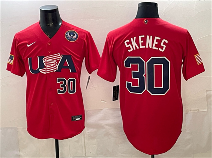 USA Baseball #30 Paul Skenes Red 2026 World Baseball Classic United States 250th Anniversary Patch Stadium Stitched Jersey USA Baseball #30 Paul Skenes Red 2026 World Baseball Classic United States 250th Anniversary Patch Stadium Stitched Jersey