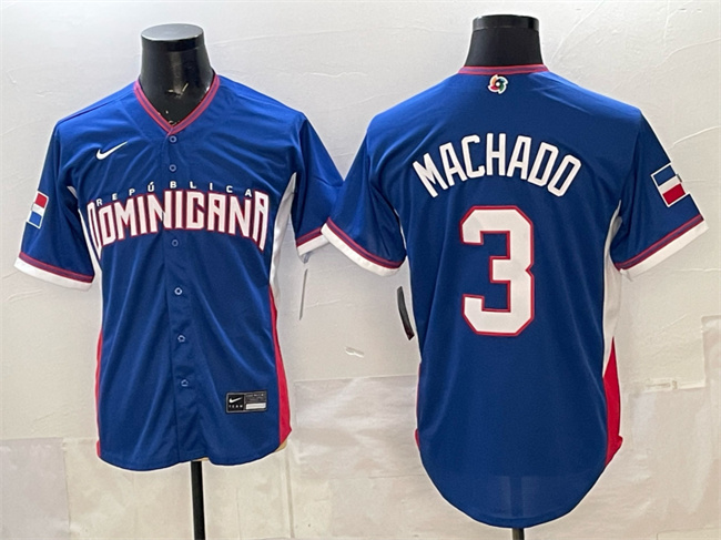 Dominican Republic Baseball #3 Manny Machado Royal 2026 World Baseball Classic Road Stadium Stitched Jersey Dominican Republic Baseball #3 Manny Machado Royal 2026 World Baseball Classic Road Stadium Stitched Jersey