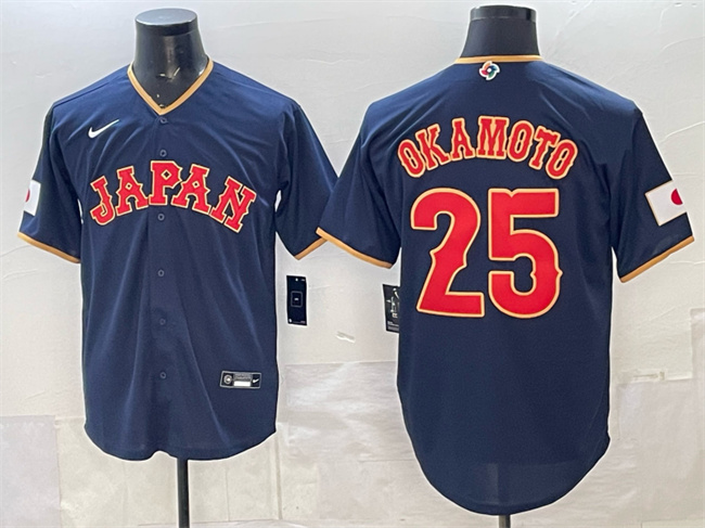Japan Baseball #25 Kazuma Okamoto Navy 2026 World Baseball Classic Road Stadium Stitched Jersey