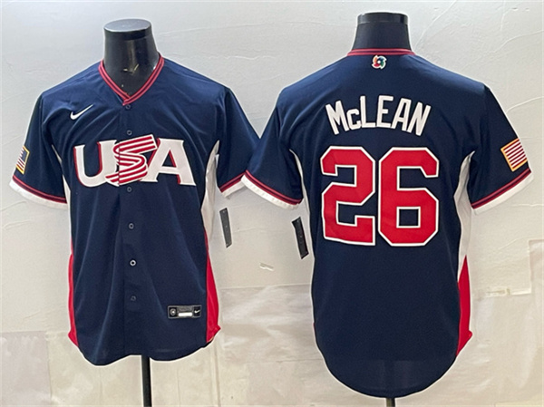 USA Baseball #26 Nolan McLean Navy 2026 World Baseball Classic Road Stadium Stitched Jersey USA Baseball #26 Nolan McLean Navy 2026 World Baseball Classic Road Stadium Stitched Jersey