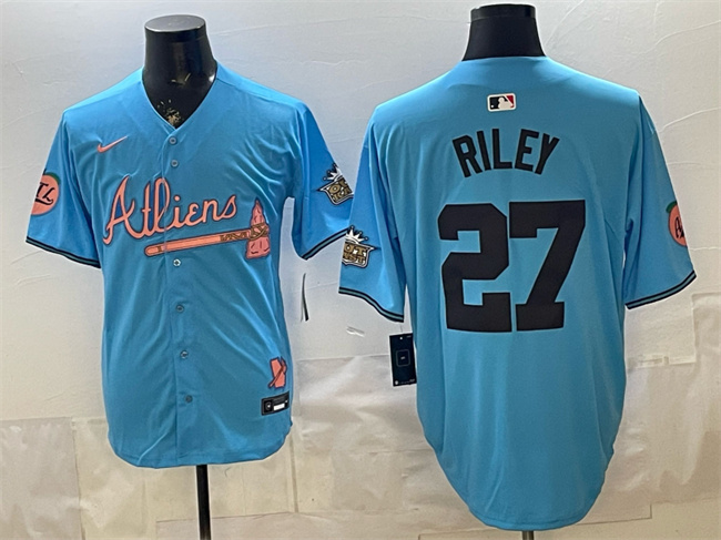 Atlanta Braves #27 Austin Riley Blue 2024 Atliens & Peach With Outkast Patch Vapor Limited Stitched Baseball Jersey