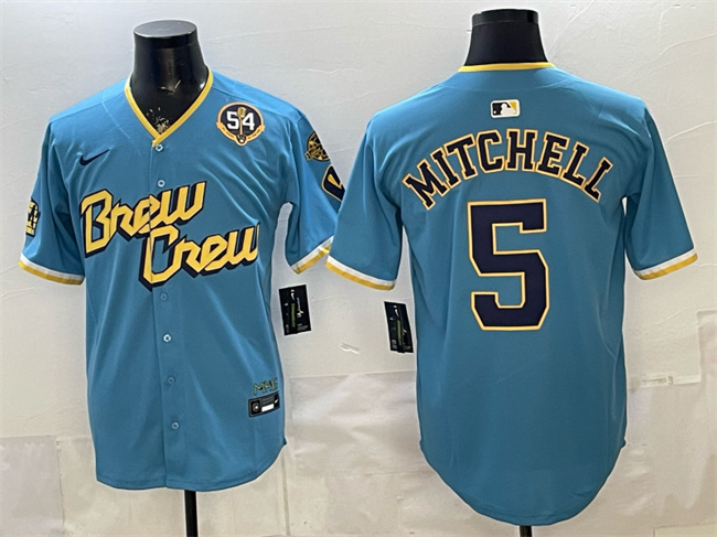 Milwaukee Brewers #5 Garrett Mitchell Powder Blue City Connect With Home & Bob Uecker Patch Limited Stitched Baseball Jersey Milwaukee Brewers #5 Garrett Mitchell Powder Blue City Connect With Home & Bob Uecker Patch Limited Stitched Baseball Jersey