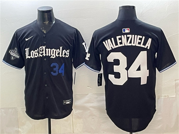 Los Angeles Dodgers #34 Fernando Valenzuela Black 2025 World Series Champions Patch 'Gothic Edition' Vapor Premier Limited Stitched Baseball Jersey